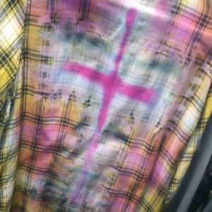 Vintage oversized Large yellow flannel reverse dye, tie dye, distressed long sle
